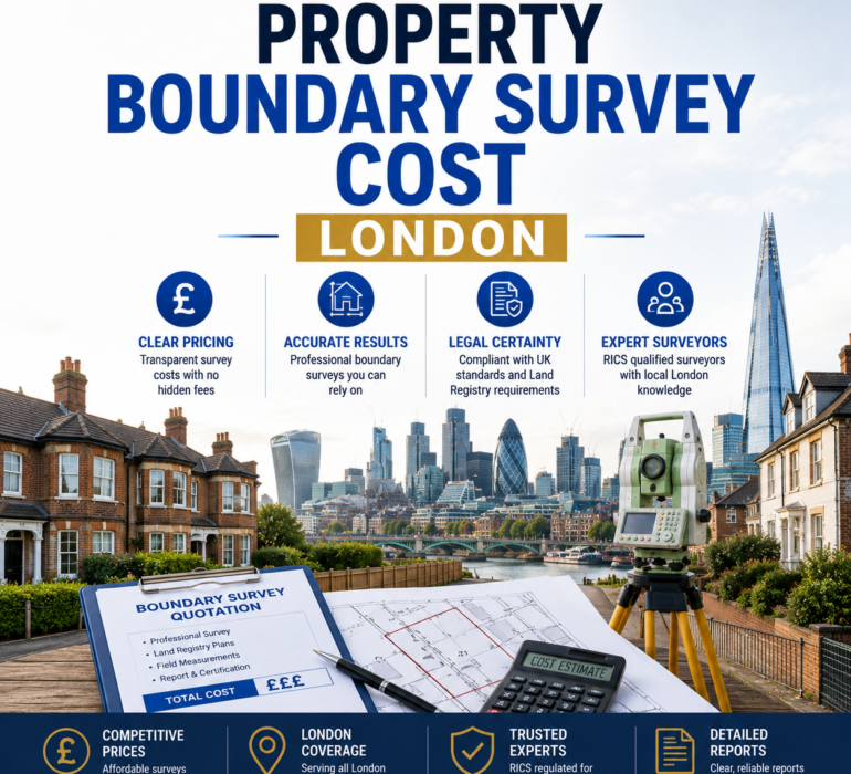 Property Boundary Survey Cost London with professional survey equipment and London skyline.