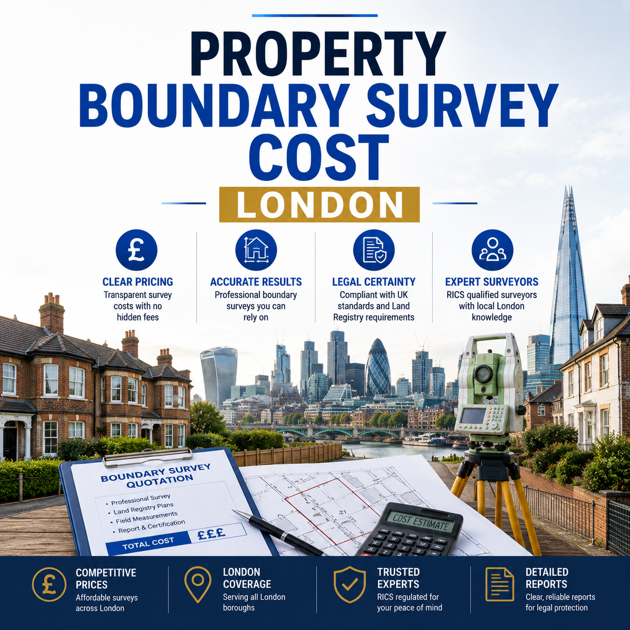 Property Boundary Survey Cost London with professional survey equipment and London skyline.