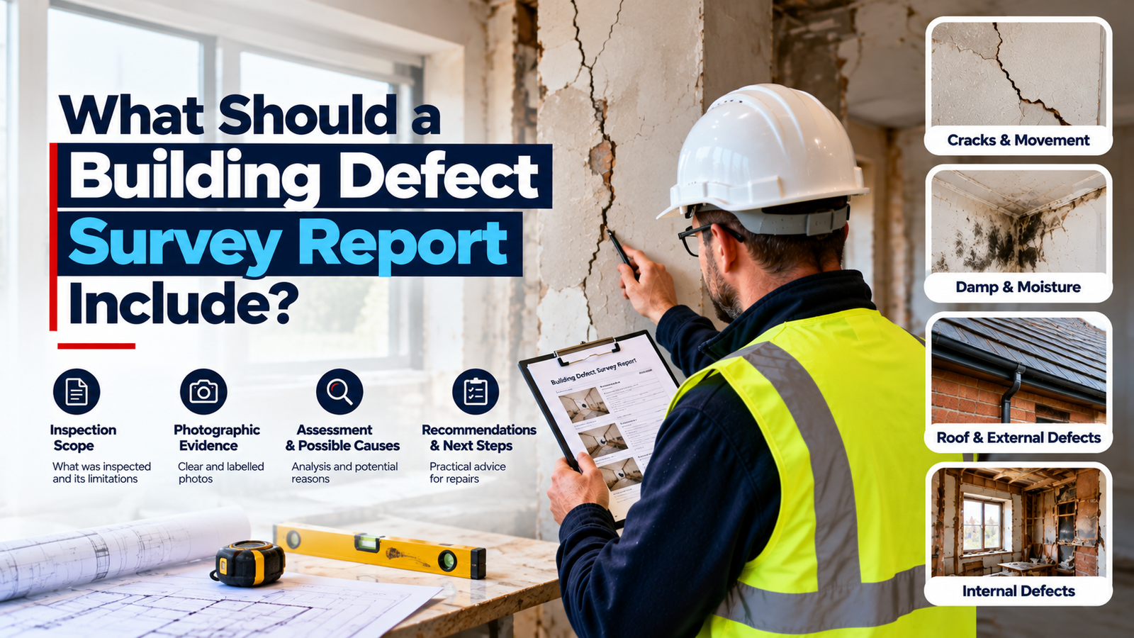 Building surveyor inspecting structural cracks during a building defect survey